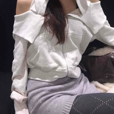 Soft Mood Cold Shoulder Loose Fit Zip-Up Hoodie