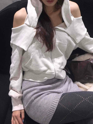 Soft Mood Cold Shoulder Loose Fit Zip-Up Hoodie
