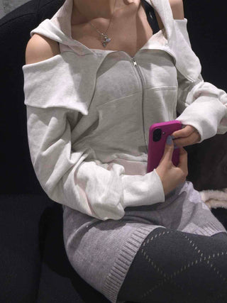 Soft Mood Cold Shoulder Loose Fit Zip-Up Hoodie
