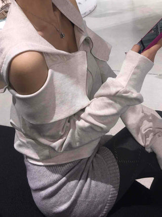 Soft Mood Cold Shoulder Loose Fit Zip-Up Hoodie