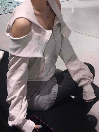 Soft Mood Cold Shoulder Loose Fit Zip-Up Hoodie