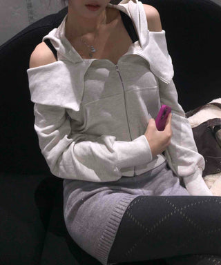 Soft Mood Cold Shoulder Loose Fit Zip-Up Hoodie