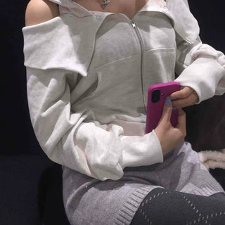 Soft Mood Cold Shoulder Loose Fit Zip-Up Hoodie