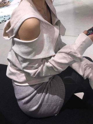 Soft Mood Cold Shoulder Loose Fit Zip-Up Hoodie