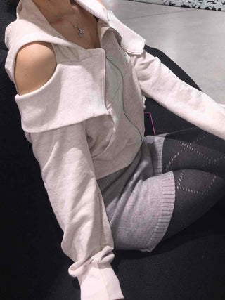 Soft Mood Cold Shoulder Loose Fit Zip-Up Hoodie