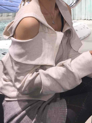 Soft Mood Cold Shoulder Loose Fit Zip-Up Hoodie