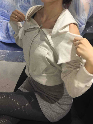 Soft Mood Cold Shoulder Loose Fit Zip-Up Hoodie