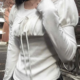 Romantic Frill Voluminous Puff Sleeve Square Neck Long Sleeve Tee