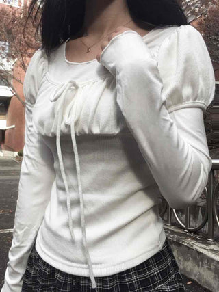 Romantic Frill Voluminous Puff Sleeve Square Neck Long Sleeve Tee