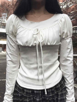 Romantic Frill Voluminous Puff Sleeve Square Neck Long Sleeve Tee