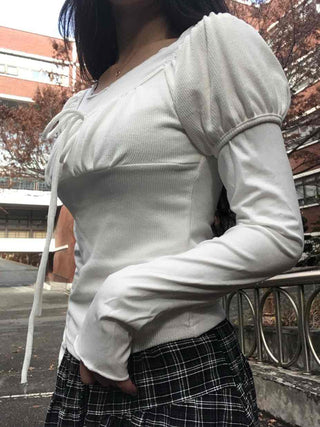 Romantic Frill Voluminous Puff Sleeve Square Neck Long Sleeve Tee