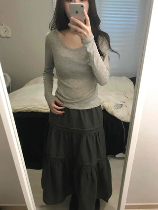 Thumbhole Square Neck Modal Slim Long Sleeve Tee