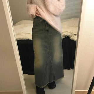 Vintage Washed Fringe Denim Long Skirt