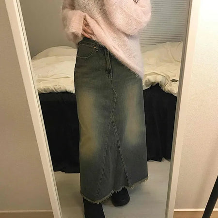 Vintage Washed Fringe Denim Long Skirt
