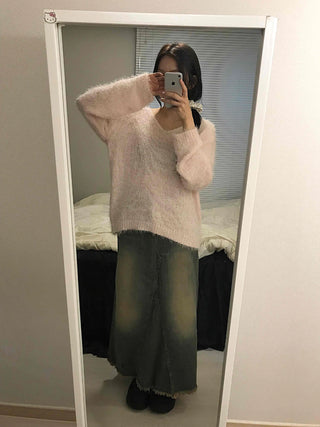 Vintage Washed Fringe Denim Long Skirt