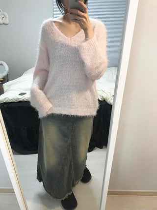Vintage Washed Fringe Denim Long Skirt