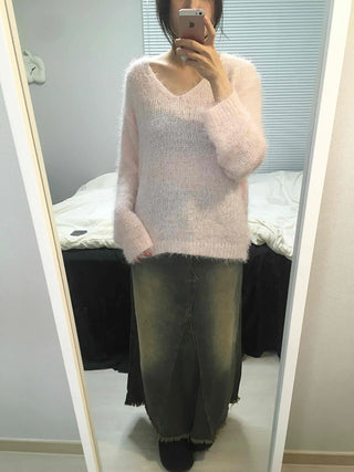 Vintage Washed Fringe Denim Long Skirt