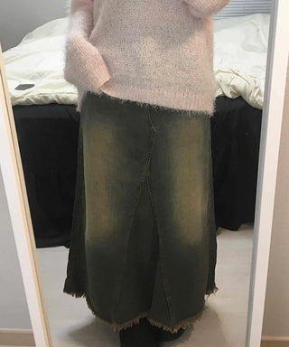 Vintage Washed Fringe Denim Long Skirt