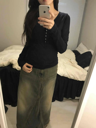 Vintage Washed Fringe Denim Long Skirt