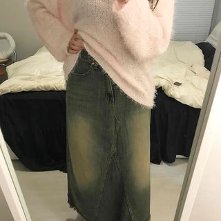 Vintage Washed Fringe Denim Long Skirt