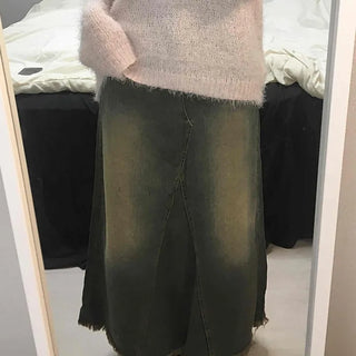 Vintage Washed Fringe Denim Long Skirt