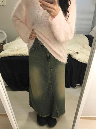 Vintage Washed Fringe Denim Long Skirt