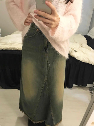 Vintage Washed Fringe Denim Long Skirt
