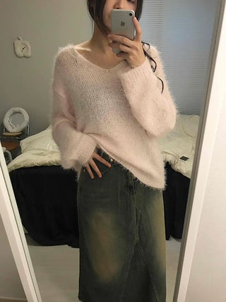 Vintage Washed Fringe Denim Long Skirt