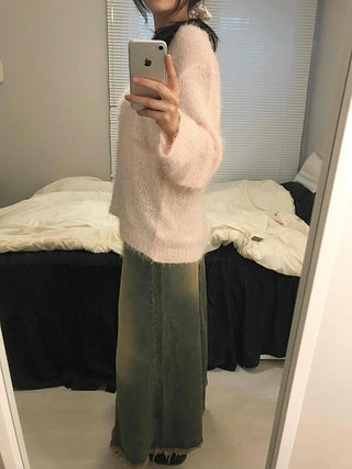 Vintage Washed Fringe Denim Long Skirt