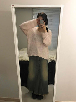 Vintage Washed Fringe Denim Long Skirt
