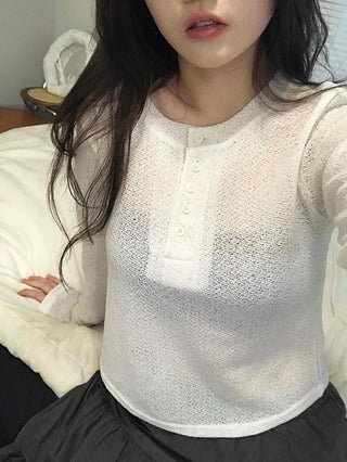 Cozy Fleece Half Button Round Neck Long Sleeve T-shirt