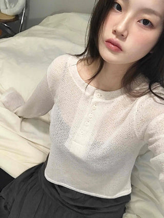 Cozy Fleece Half Button Round Neck Long Sleeve T-shirt