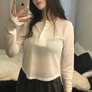 Cozy Fleece Half Button Round Neck Long Sleeve T-shirt