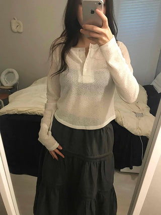 Cozy Fleece Half Button Round Neck Long Sleeve T-shirt
