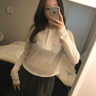 Cozy Fleece Half Button Round Neck Long Sleeve T-shirt