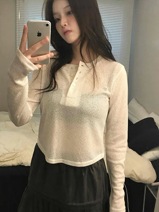 Cozy Fleece Half Button Round Neck Long Sleeve T-shirt