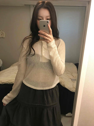 Cozy Fleece Half Button Round Neck Long Sleeve T-shirt