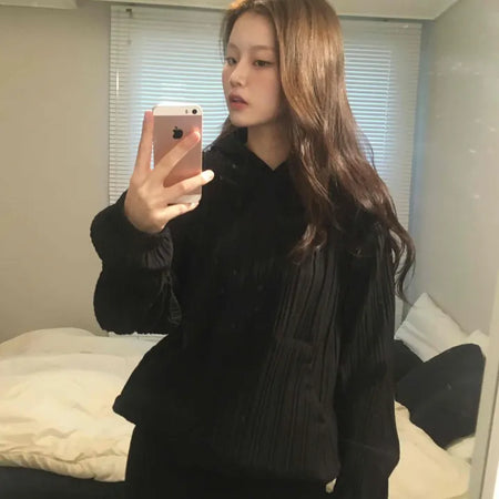 Ribbed Layered Loose Fit Knit Hoodie