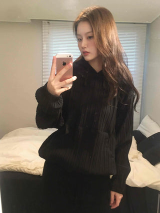 Ribbed Layered Loose Fit Knit Hoodie