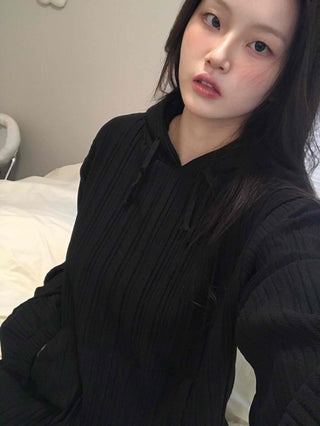 Ribbed Layered Loose Fit Knit Hoodie