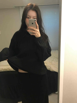 Ribbed Layered Loose Fit Knit Hoodie