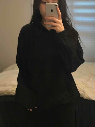 Ribbed Layered Loose Fit Knit Hoodie