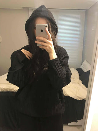 Ribbed Layered Loose Fit Knit Hoodie