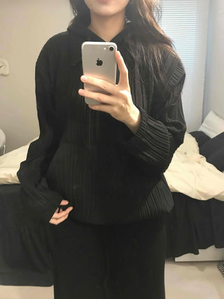Ribbed Layered Loose Fit Knit Hoodie