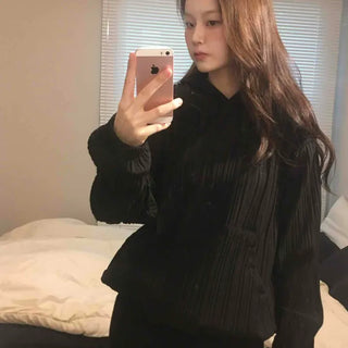 Ribbed Layered Loose Fit Knit Hoodie
