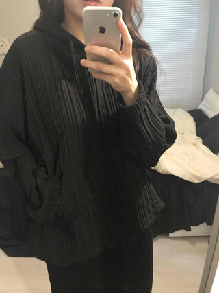 Ribbed Layered Loose Fit Knit Hoodie