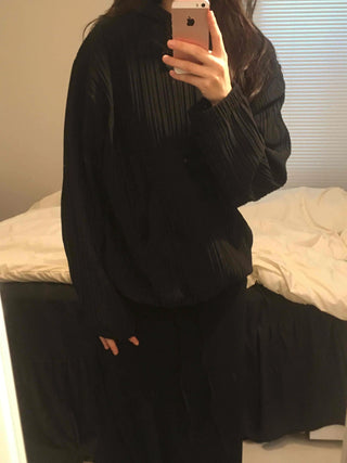 Ribbed Layered Loose Fit Knit Hoodie