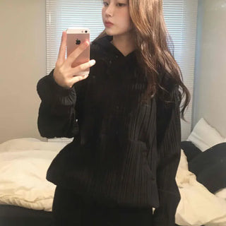 Ribbed Layered Loose Fit Knit Hoodie