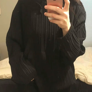 Ribbed Layered Loose Fit Knit Hoodie