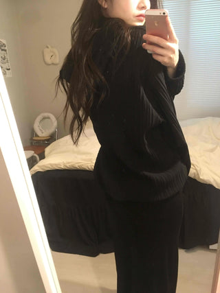 Ribbed Layered Loose Fit Knit Hoodie